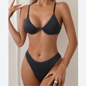 New Charcoal Gray Ribbed Bikini Set with Underwired Top and High-cut Bottom / XS